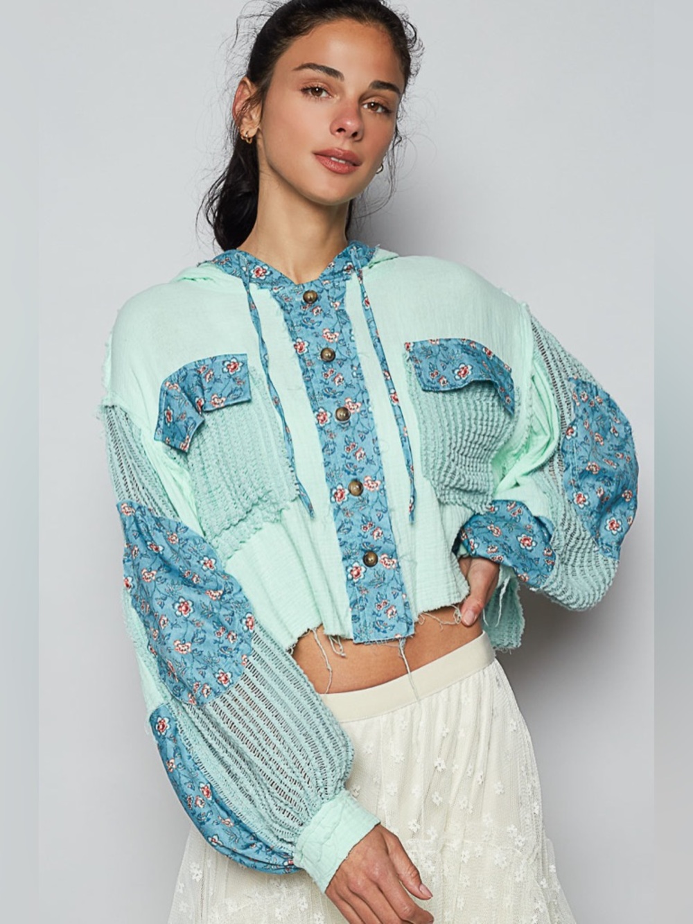 POL Mint Green and Blue Floral Patchwork Hooded shirt